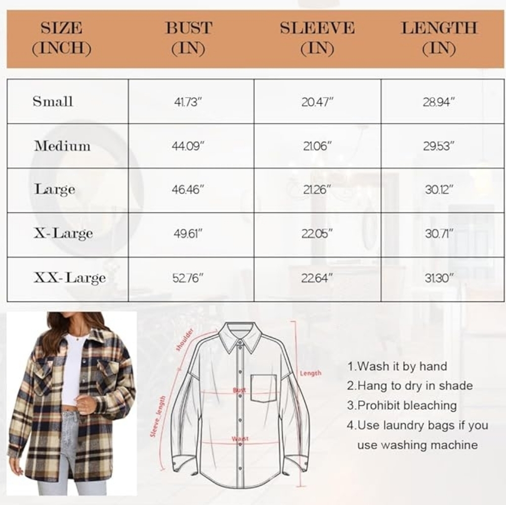 Flannel Button Down Shirt, Boyfriend Long Sleeve, Oversized, Brown/Orange, S - Picture 8 of 17